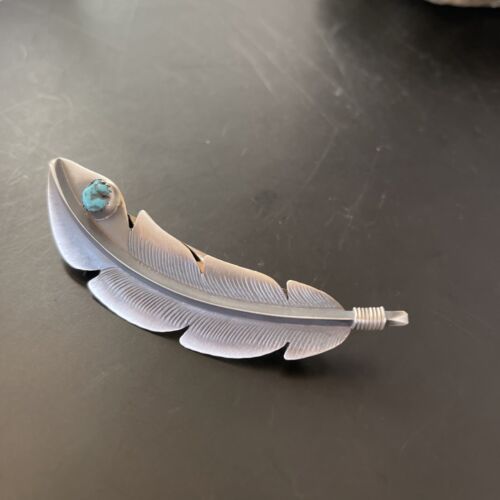 Handmade Sterling Silver Feather Barrette with Blue Turquoise Inlay | Authentic Navajo Jewelry | 2081