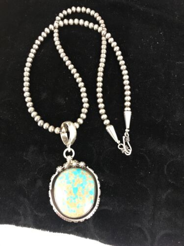 Navajo Pearls Sterling Silver Turquoise #8 Necklace Pendant | 2.5" | Signed | Authentic Native American Handmade | 3954
