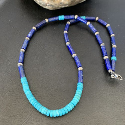 Native American Men's Navajo Lapis Turquoise Bead Necklace | Sterling Silver | 21" | 12471