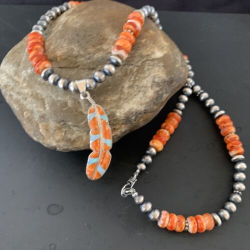 Navajo Pearl Sterling Silver Necklace | Orange Spiny Oyster Opal Leaf  Inlay Pendant | Native American Handmade | 11380