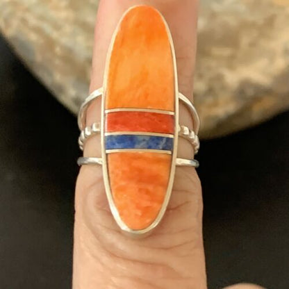 Navajo Red Spiny Oyster Lapis Inlay Ring | Sterling Silver | Sz 5 | Authentic Native American Handmade | 11584