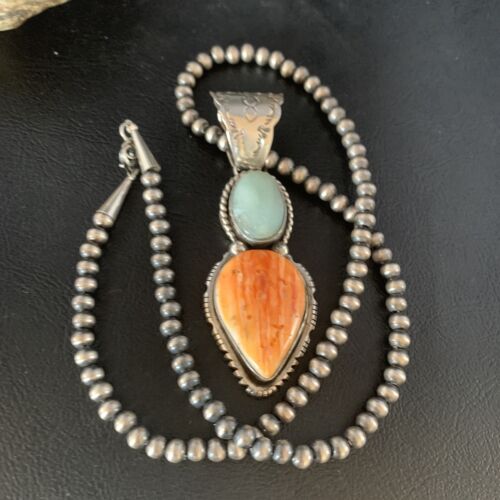Navajo Dry Creek Turquoise Spiny Necklace Pendant | Sterling Silver | 2.5" | 13581