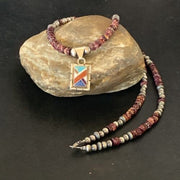 Navajo Multi-Color Inlay Pendant | Sterling Silver Purple Spiny Oyster Necklace 21" | 12359