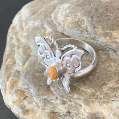 Navajo Orange Spiny Oyster Butterfly Ring | Sterling Silver | Sz Adj 8 | Authentic Native American Handmade | 10350
