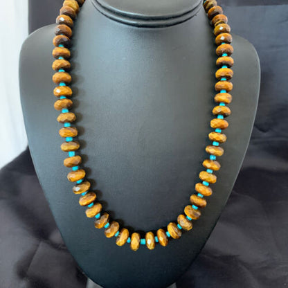 Southwestern Navajo Tigers Eye Necklace with Turquoise | Sterling Silver | 19" | 1496