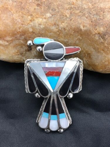 Zuni Coral, Turquoise & Onyx Inlay Bird Ring | Sterling Silver | Sz 3.5 | Authentic Native American Handmade | 2630 - Masha USA