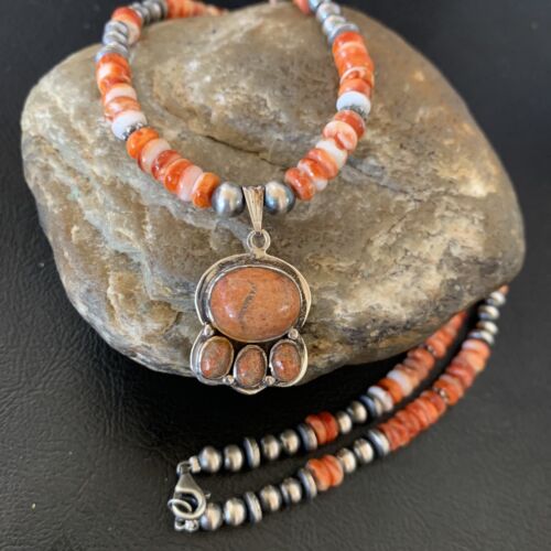 Navajo Pearl Necklace with Red Apple Coral, Spiny Oyster  Pendant | Authentic Native American Sterling Silver | Multi-Stone | 12374