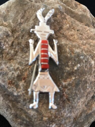 Vintage Sterling Silver Kachina Coral Pin | Authentic Native American Inlay | Navajo Jewelry | 3"