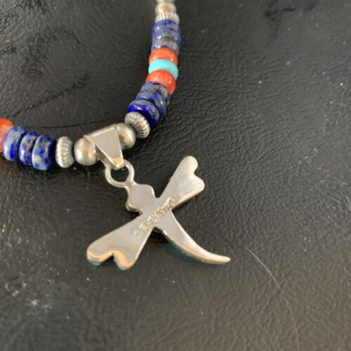 Navajo Dragonfly Pendant | Sterling Silver Turquoise Coral Multi-Color Inlay | Authentic Native American Handmade | 13515