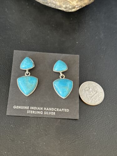 Navajo Blue Turquoise Dangle Earrings | Sterling Silver | 1" | Authentic Native American Handmade | 14771