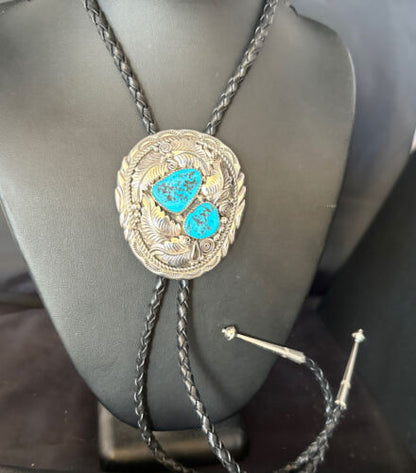 Native American Men's Bolo Tie | Blue Kingman Turquoise | Sterling Silver | Navajo Handmade | 14280