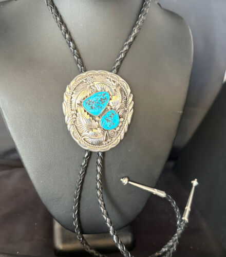 Native American Men's Bolo Tie | Blue Kingman Turquoise | Sterling Silver | Navajo Handmade | 14280