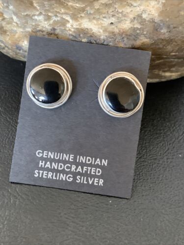 Navajo Black Onyx Stud Post Earrings | Sterling Silver | 0.5" | Authentic Native American Handmade | 12642