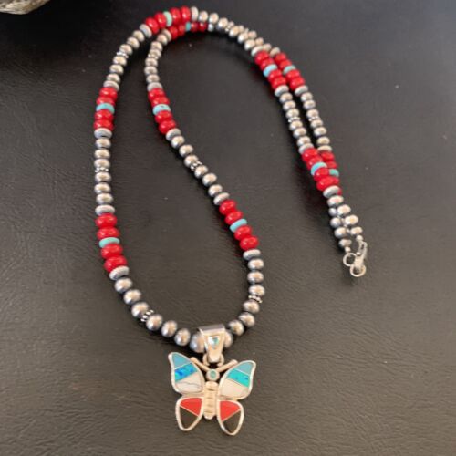 Opal Inlay Butterfly Pendant | Navajo Sterling Silver | Coral & Turquoise | 21" | 12582
