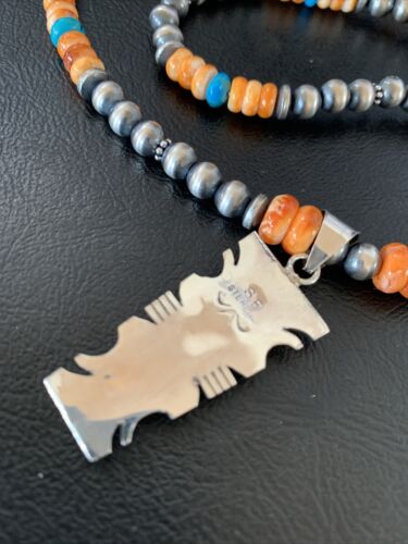 Navajo Turquoise Spiny Oyster Inlay Pendant | Sterling Silver | Authentic Native American Handmade | 11800