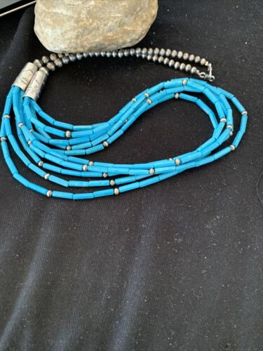Southwestern Sterling Silver Blue Tube Turquoise Necklace | 5-Strand | 29" | 00830