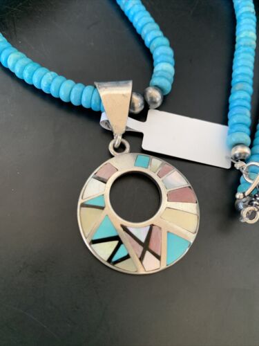 Blue Turquoise & Mother of Pearl Inlay Pendant | Sterling Silver Necklace | Navajo | 8904 - Masha USA