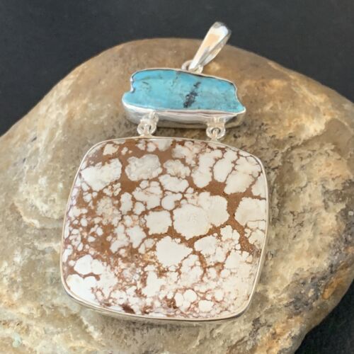 Navajo Wild Horse & Blue Kingman Turquoise Sterling Silver Pendant | Multi-Stone | 12042