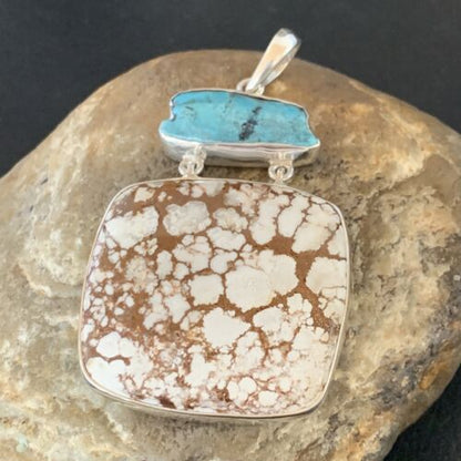 Navajo Wild Horse & Blue Kingman Turquoise Sterling Silver Pendant | Multi-Stone | 12042