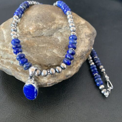 Native American Navajo Blue Lapis Pendant Necklace | Sterling Silver | Authentic Handmade | 11667 - Masha USA