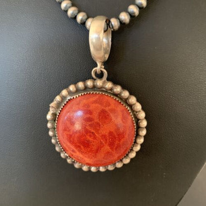 Native American Men's Navajo Red Apple Coral Pendant Necklace | Sterling Silver | 1314