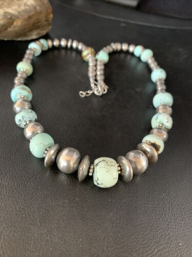 Dry Creek Turquoise Navajo Pearls Beaded Necklace | Sterling Silver | 21" | Authentic Native American Handmade | 14102 - Masha USA