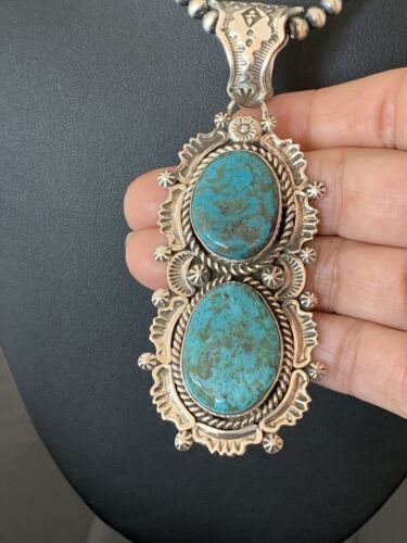 Men's Sterling Silver Navajo Pearls Necklace | Blue Turquoise Pendant | Multi-Stone | Authentic Native American Handmade | 152
