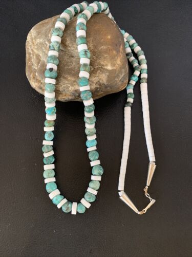Authentic Native American Santo Domingo Necklace | Blue Turquoise & White Shell Beads | 34" | 13198