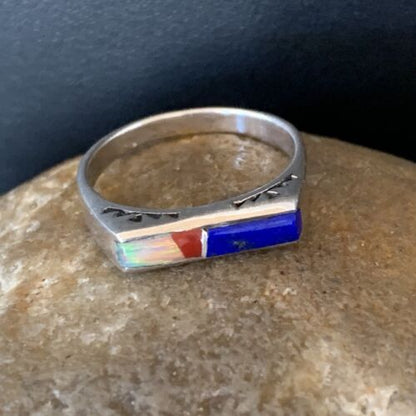 Navajo Opal Blue Lapis Red Coral Inlay Ring | Sz 7 | Authentic Native American Handmade | 11140