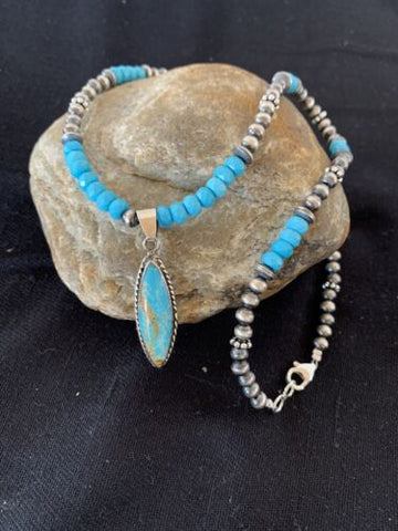 Native Navajo Blue Faceted Turquoise Sterling Silver Necklace Pendant 563