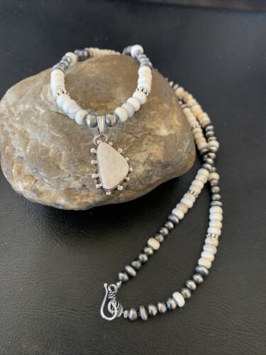 Navajo White Buffalo Turquoise Pendant Set | Sterling Silver | Authentic Native American Handmade | 12240