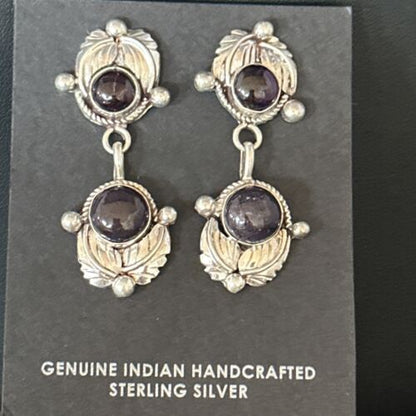 Navajo Purple Sugilite Post Dangle Earrings | Sterling Silver | Authentic Native American Handmade | 1597