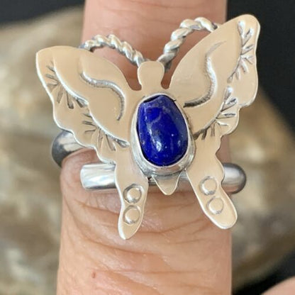 Navajo Navy Blue Lapis Butterfly Ring | Sterling Silver | Sz Adj 8 | Authentic Native American Handmade | 10352
