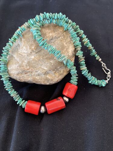 Native American Navajo Men's Necklace | Sterling Silver Turquoise Coral | 21" | 00881