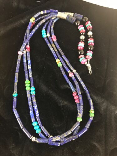 Denim Lapis Multi Strand Navajo Sterling Silver Necklace 22” Gift 3342