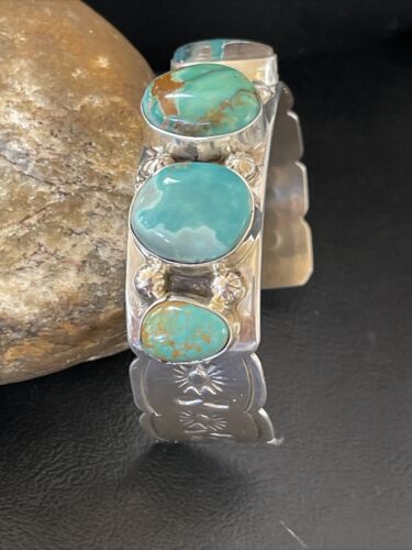 Men's Navajo Blue Turquoise Cuff Bracelet | Sterling Silver | 5 Stones | Authentic Native American Handmade | 01886 - Masha USA