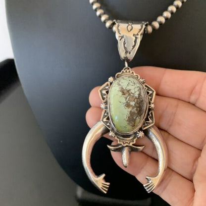 Navajo Green Spiderweb Turquoise Necklace with Naja Pendant | Sterling Silver | Authentic Native American Handmade | 2246 - Masha USA