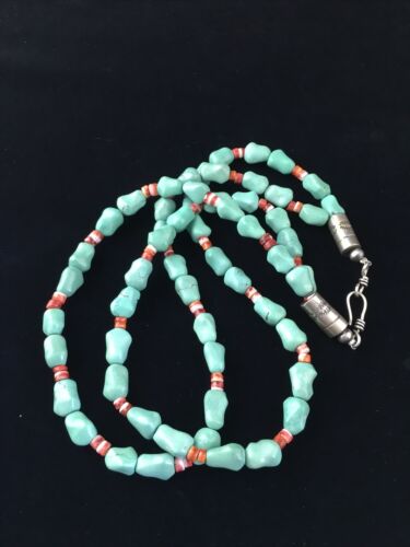 Native American Sterling Silver Blue Turquoise Spiny Oyster Necklace | 18" | 10062