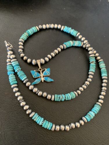 Navajo Pearl Sterling Silver Butterfly Turquoise Necklace Pendant | Authentic Native American Handmade | 12559