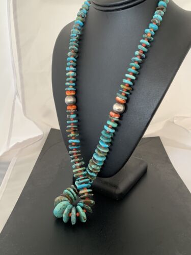 Navajo Sterling Silver Natural Blue Turquoise & Spiny Oyster Graduated Necklace | Authentic Native American | 28" | 331