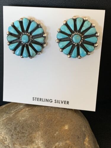 Navajo Blue Cluster Turquoise Stud Post Earrings | Sterling Silver | Authentic Native American Handmade | 12301