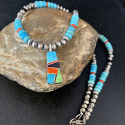 Navajo Blue Turquoise Coral Pendant Necklace | Sterling Silver Inlay | Authentic Native American Handmade | 13839