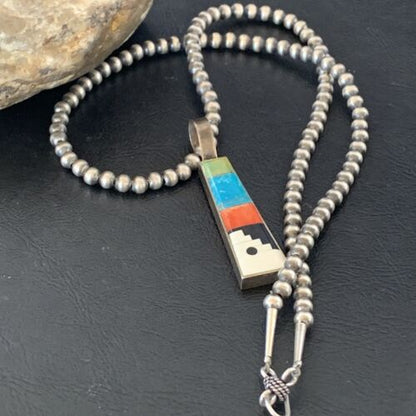 Navajo Old Pawn Mother of Pearl Turquoise Spiny Inlay Pendant Necklace | Sterling Silver | 10698