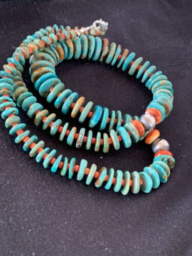 Navajo Sterling Silver Necklace | Natural Green Turquoise & Spiny Oyster | Graduated | Authentic Native American | 28" | 00328