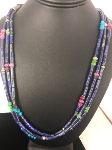 Navajo Denim Lapis Multi Strand Necklace | Sterling Silver | 22" | Authentic Native American Handmade | 3342 - Masha USA