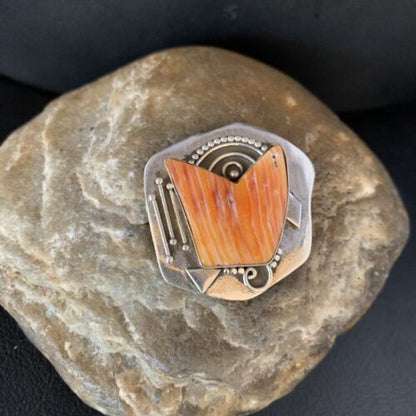 Southwestern Navajo Handmade Pin | Sterling Silver | Orange Spiny Oyster | Authentic Native American | 13716