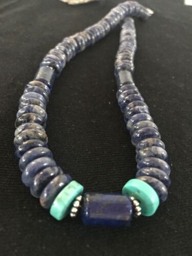 Native American Denim Lapis Turquoise Beads Necklace | Sterling Silver | Men's | 20" | 1281