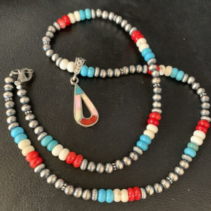 Navajo Pearls Wild Horse Turquoise Necklace Inlay Pendant | Sterling Silver | Authentic Native American Handmade | 13885