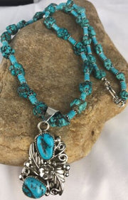 Navajo Kingman Turquoise Nugget Pendant Necklace | Sterling Silver | Multi-Stone | Southwestern Handmade