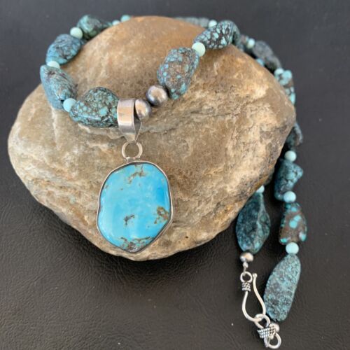 Men's Navajo Kingman Turquoise Pendant Necklace | Sterling Silver | 20" | Authentic Native American Handmade | 10224